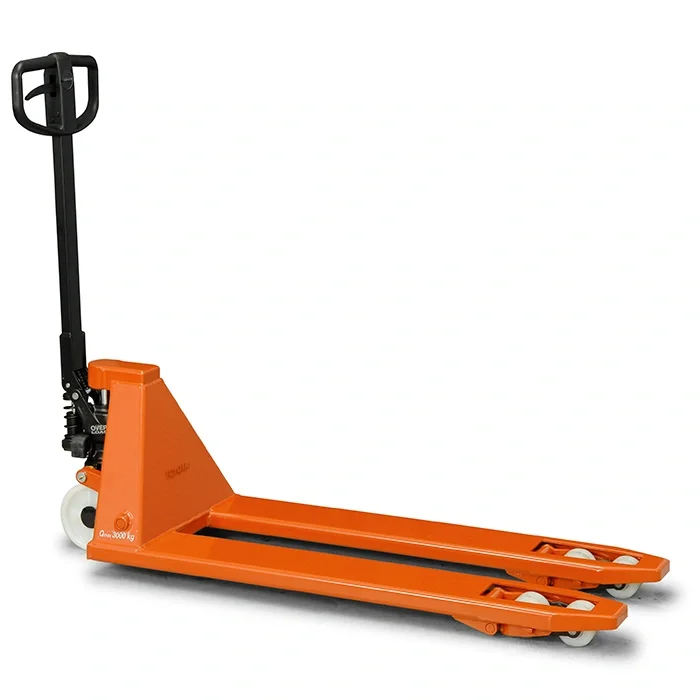 Toyota Lifter LHM300 hand pallet truck, heavy lifter with engaged handbrake. Product photo from the side. 