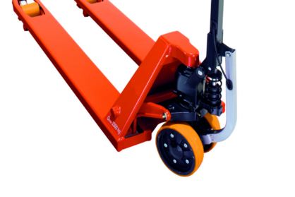 Product photo close-up of hand pallet truck front. 