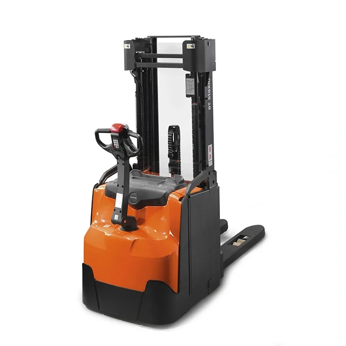 BT Staxio SWE145 electric walkie stacker. Product photo taken from the back at an angle.  