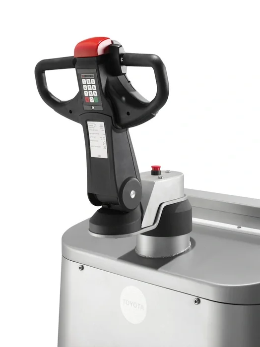 BT Levio LPE200I powered pallet truck, electric low-lifter with platform. Details photo taken of steering arm and handle. 