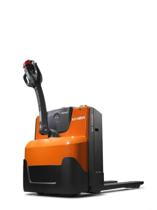 BT Levio LWE160 powered pallet truck, electric walkie low-lifter. Product photo taken from the back at an angle. 