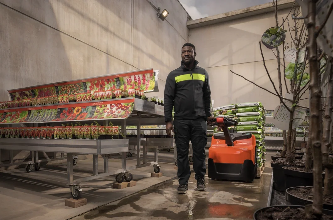 BT Levio LWI160 powered pallet truck, electric walkie low-lifter. Application photo in greenhouse environment. 