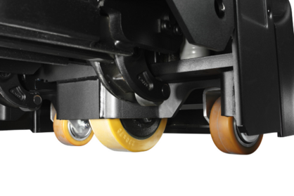 Product photo close-up of low-lifter underside and powertrak set-up.