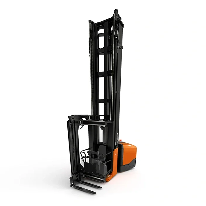 BT Vector VCE150A, man up, very narrow aisle truck. Product photo taken from the side.