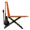 Toyota Lifter HHL100 hand pallet truck, electric high lifter with forks raised. Product photo from the side. 