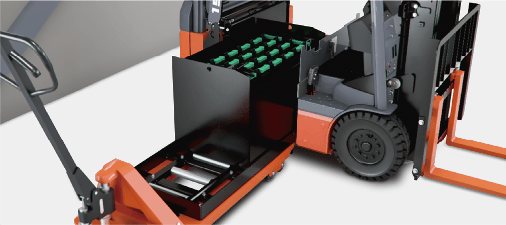 Illustration of Toyota 8FBE-series electric forklift battery roll-out