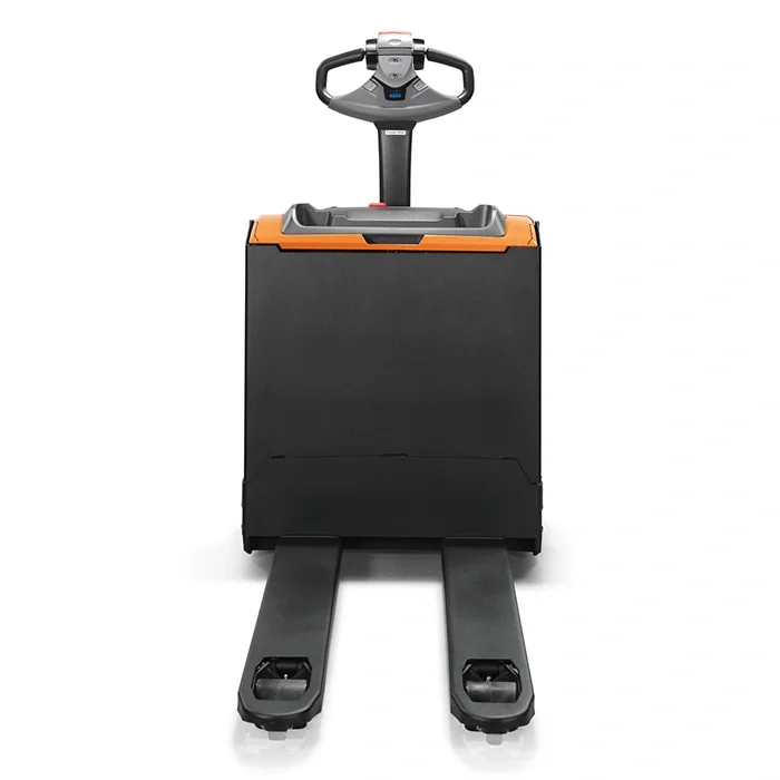 BT Levio LWE160 powered pallet truck, electric walkie low-lifter. Product photo taken from the front. 