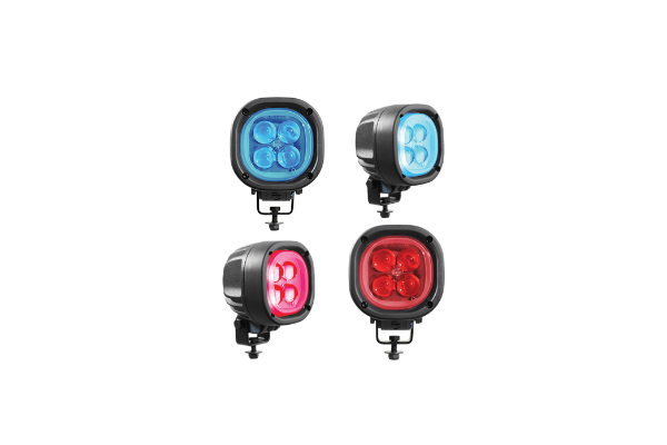 Product image of blue and red point LED lights against a white background. 