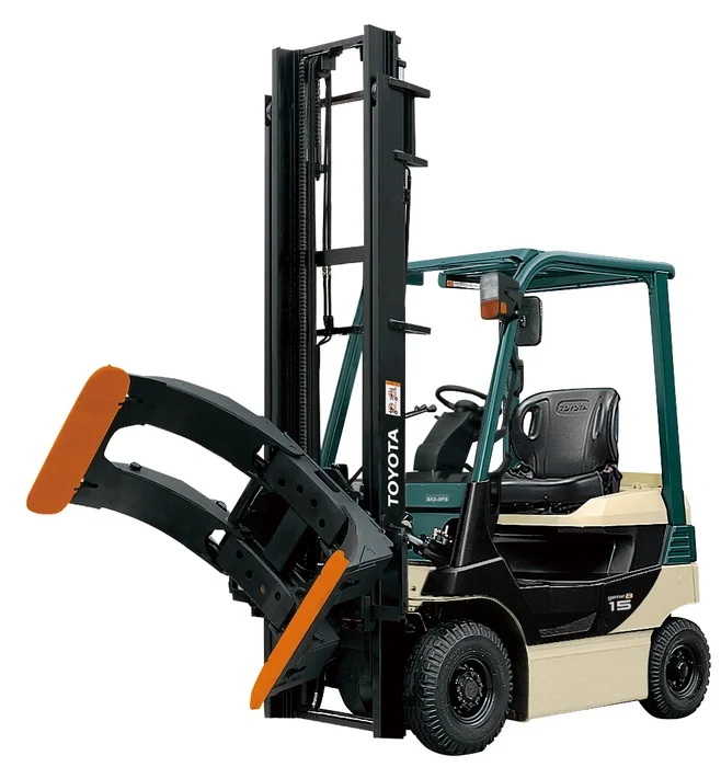 Electric counterbalanced forklift Toyota 8-series, 8FB 3 ton with roll clamp attachment.