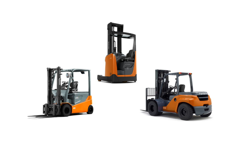 Image collage with electric forklift, engine forklift and reach truck from Toyota