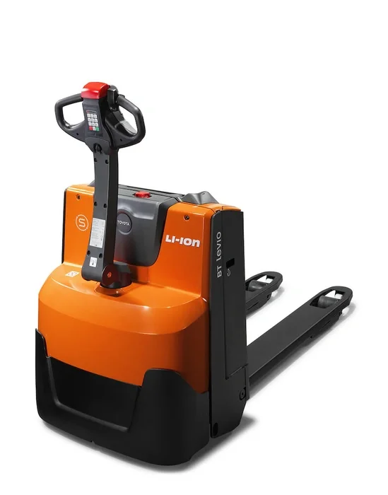BT Levio LWE160 powered pallet truck, electric walkie low-lifter. Product photo taken from the back at an angle. 