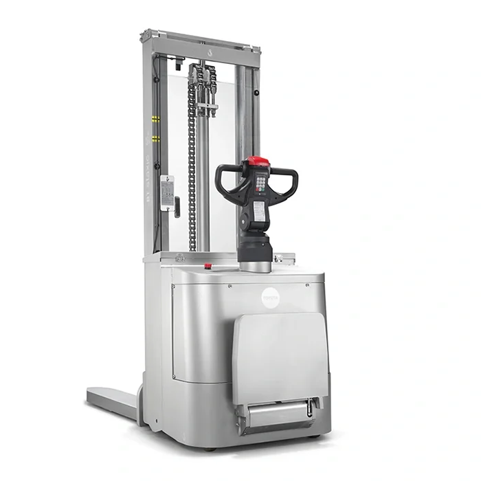 BT Staxio SWE120I electric walkie stacker with inox treatment and platform. Product photo taken from the back at an angle.  