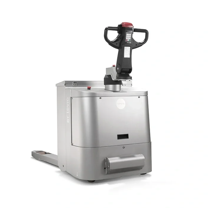 BT Levio LPE200I powered pallet truck, electric low-lifter with platform. Product photo taken from the back. 