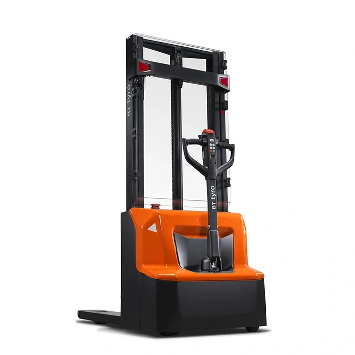 BT Tyro SHE100 walkie operated powered stacker. Product photo taken from the back at an angle.