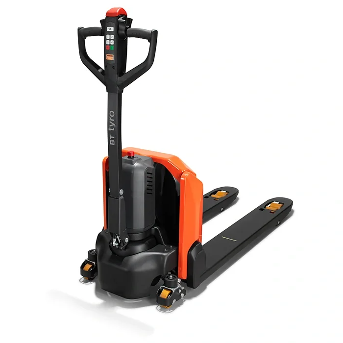 BT Tyro LHE150 powered pallet truck, electric low-lifter. Product photo taken from the back.