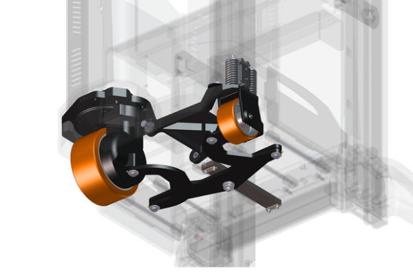 Animated illustration highlighting the steered idler part beneath forklift.