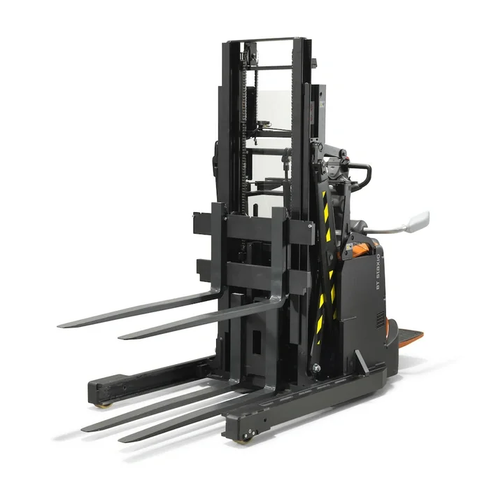 BT Staxio SPE120XRD, electric stacker with reach mast, double load handling, platform, and side guards. Product photo taken from the front at an angle.