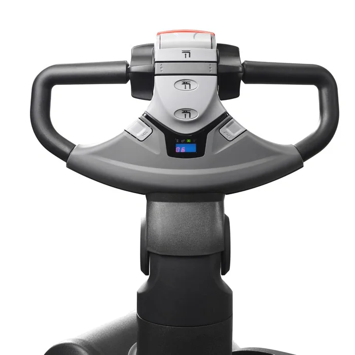 BT Levio LPE200 powered pallet truck, electric low-lifter. Details photo of tiller arm and handle.