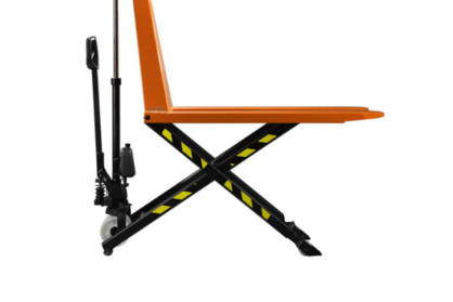 Product photo of hand pallet truck with forks elevated. 