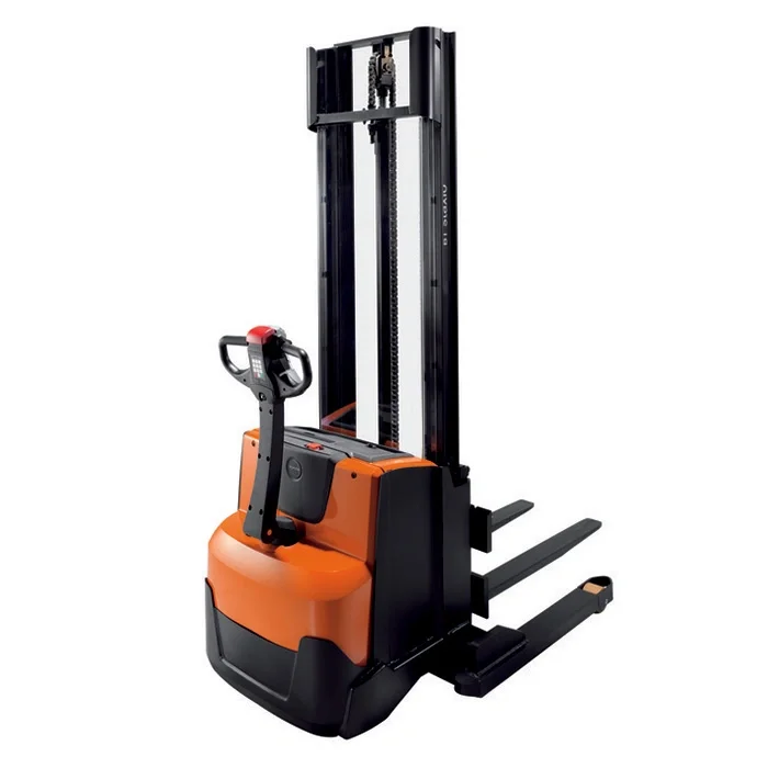 BT Staxio SWE120S electric walkie stacker with straddle. Product photo taken from the back at an angle.  