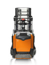 BT Staxio SPE120XR, electric stacker with reach mast and platform. Product photo taken from the back at an angle.