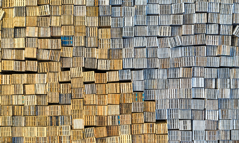Aerial photograph of multiple stacks of pallets