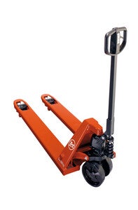 Toyota Lifter LHM200 L/Z, extra low manual hand pallet truck. Product photo from the back at an angle.