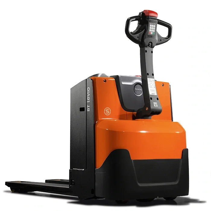 BT Levio LWE160 powered pallet truck, electric walkie low-lifter. Product photo taken from the back at an angle. 