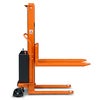 Toyota Lifter SHL080 hand pallet truck, electric stacker with forks raised. Product photo from the side. 