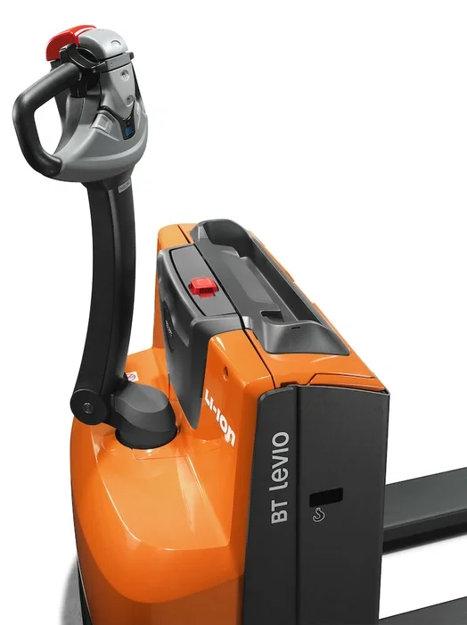BT Levio LWE160 powered pallet truck, electric walkie low-lifter. Details photo of battery lid. 