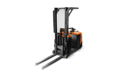 Product photo close-up of forklift front with mast and overhead guard.