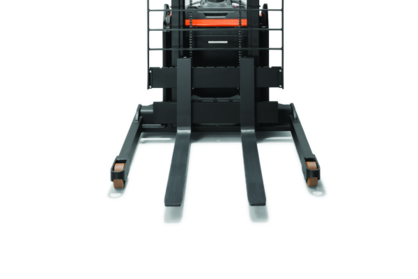 Product photo close-up of forks and straddle legs on forklift.