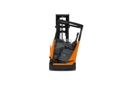 Product photo of reach truck with cabin tilted back.