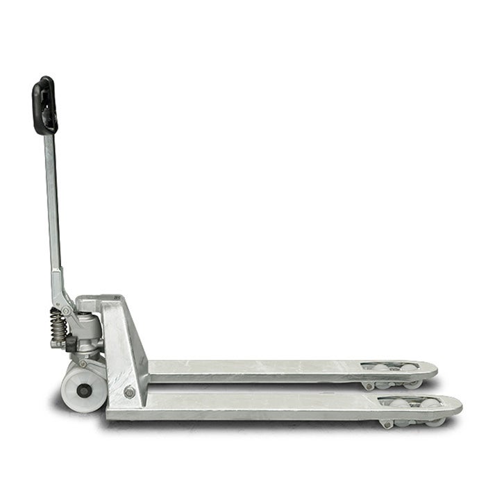 Toyota Lifter LHM230G hand pallet truck, galvanized steel. Product photo from the side. 