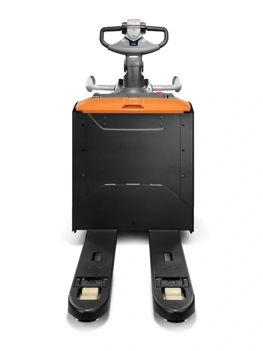 BT Levio LPE200B powered pallet truck, electric low-lifter with platform. Product photo taken from the front. 
