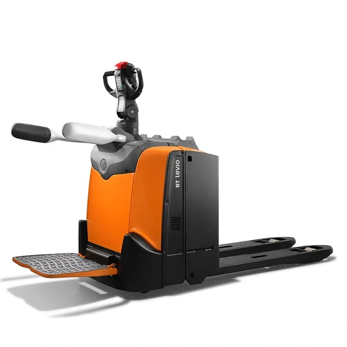 BT Levio LPE220 powered pallet truck, electric low-lifter with platform. Product photo taken from the side at an angle. 
