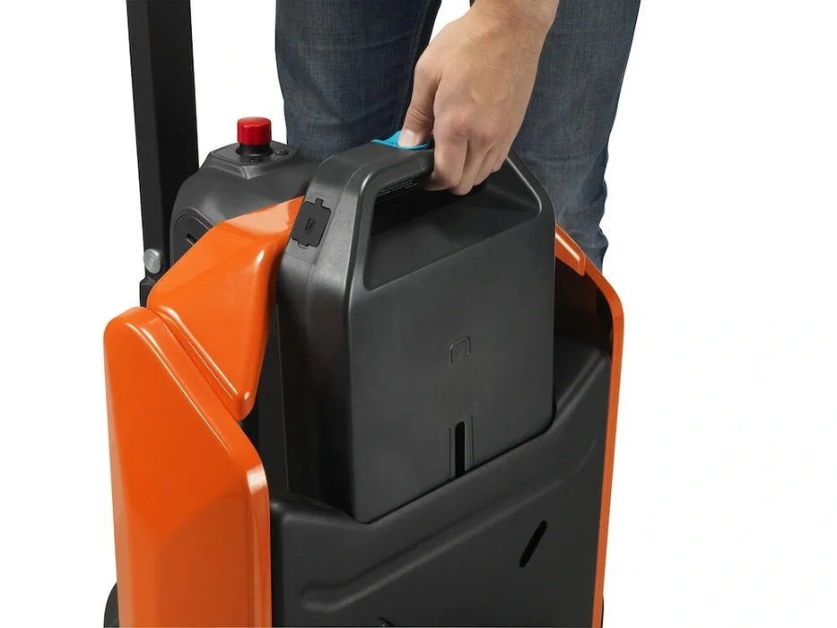 BT Tyro LHE150 powered pallet truck, electric low-lifter. Detail photo of battery removal.