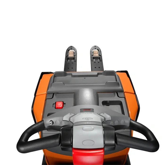 BT Levio LPE200 powered pallet truck, electric low-lifter. Details photo of view of forks.