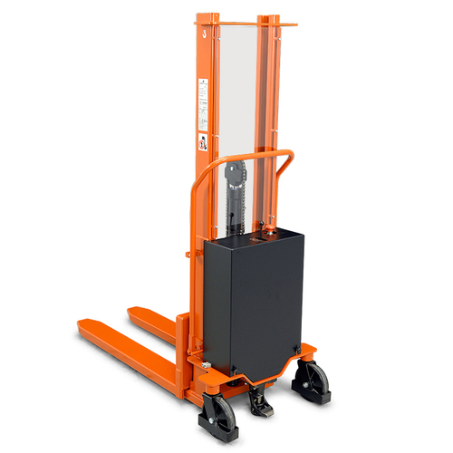 BT Lifter SHL080 hand pallet truck, electric stacker with forks lowered. Product photo from the back. 