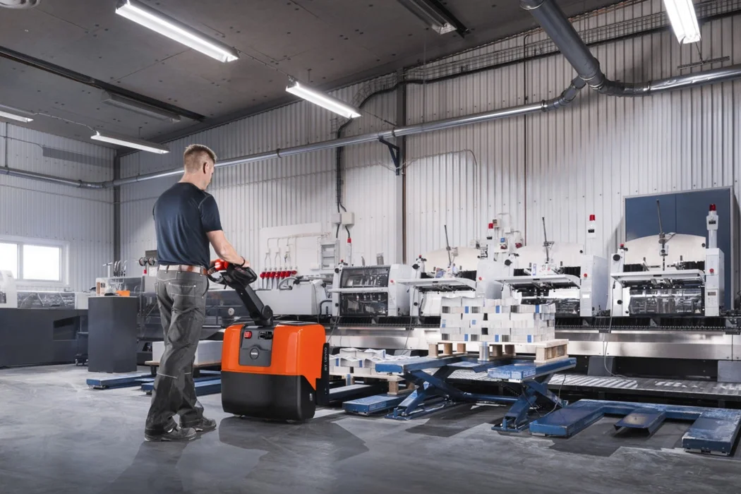 BT Levio LWE130 powered pallet truck, electric walkie low-lifter. Application photo in a manufacturing environment.