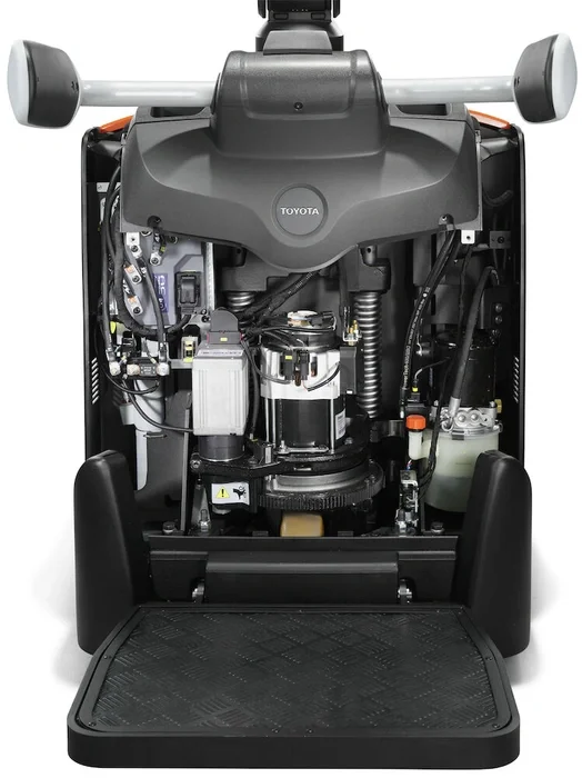 BT Levio LPE200B powered pallet truck, electric low-lifter with platform and sideguards. Details photo with open chassis, showing serviceability.