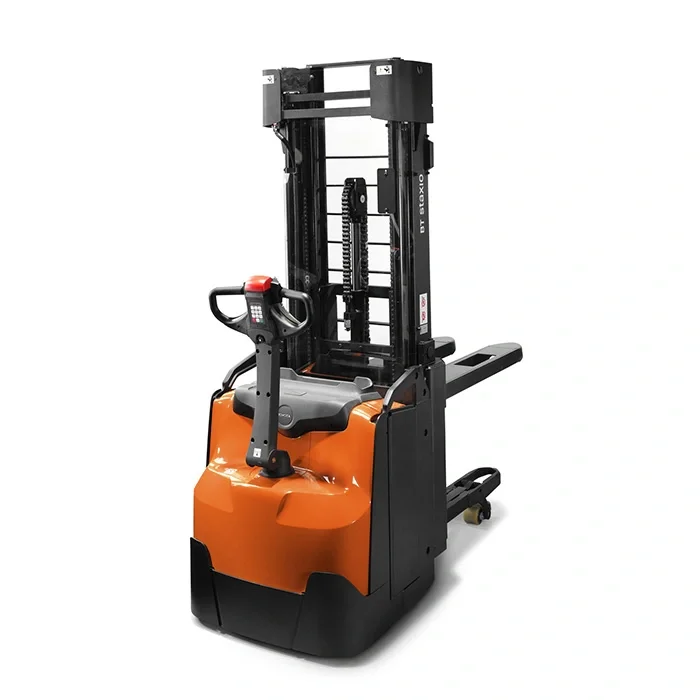 BT Staxio SWE160L electric walkie stacker with elevating support arms. Product photo taken from the back at an angle.  