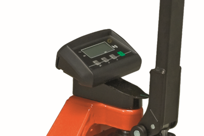 Product photo close-up of hand pallet truck weight indicator unit. 