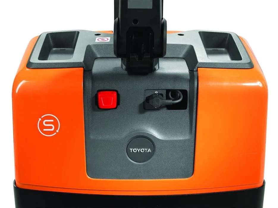 BT Levio LWE130 powered pallet truck, electric walkie low-lifter. Details photo of product brand badge and front.