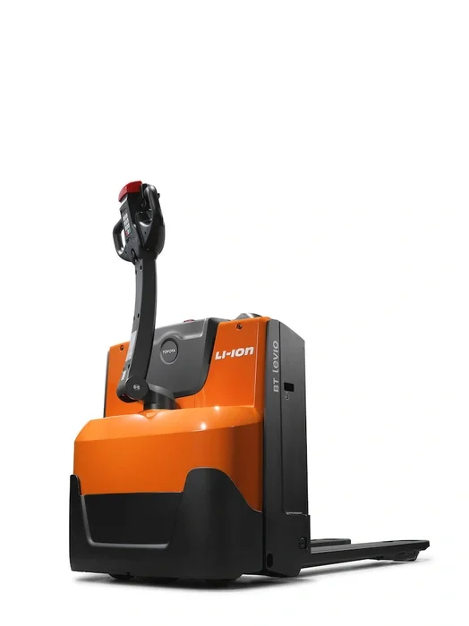 BT Levio LWE160 powered pallet truck, electric walkie low-lifter. Product photo taken from the back at an angle.  
