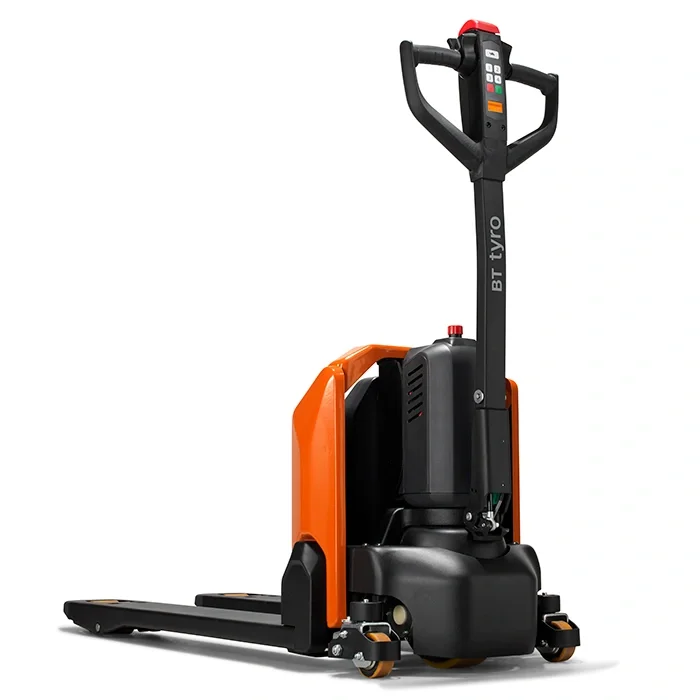BT Tyro LHE150 powered pallet truck, electric low-lifter. Product photo taken from the back at an angle. 