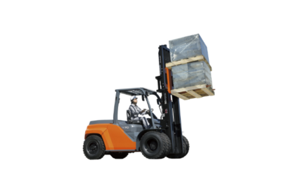 Product photo of forklift with elevated heavy cargo.