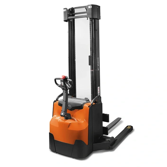 BT Staxio SWE140S electric walkie stacker with straddle. Product photo taken from the back at an angle.  