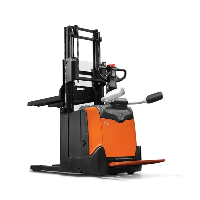 BT Staxio SPE200DN, electric stacker with double load handling, platform, and side guards. Product photo taken from the back at an angle.