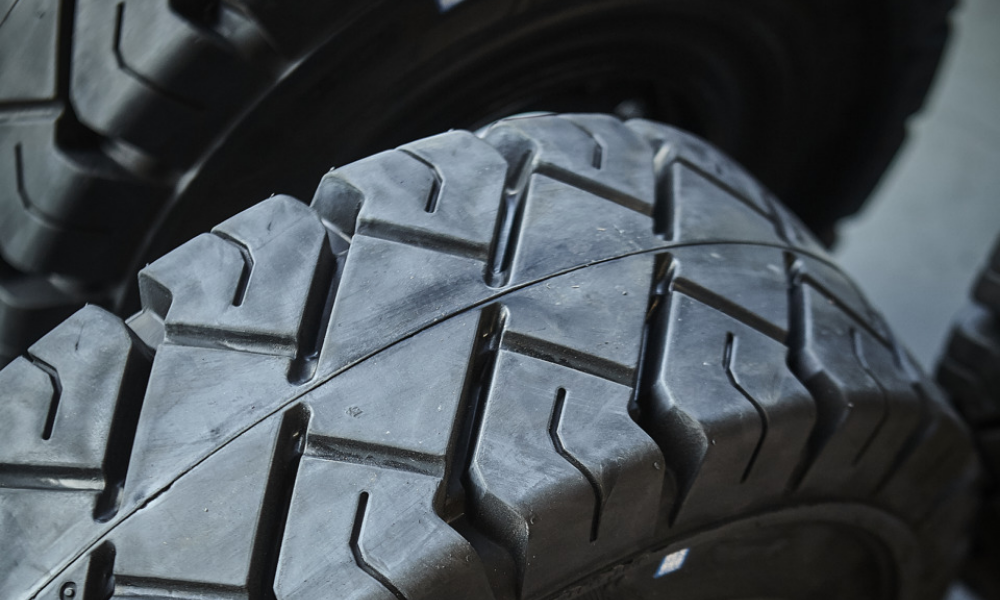 Close-up photograph of Toyota forklift rubber tyres
